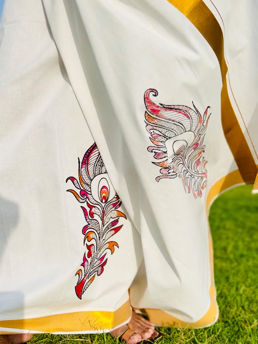 Mayilpeeli - Handpainted/ Handprinted Dhoti