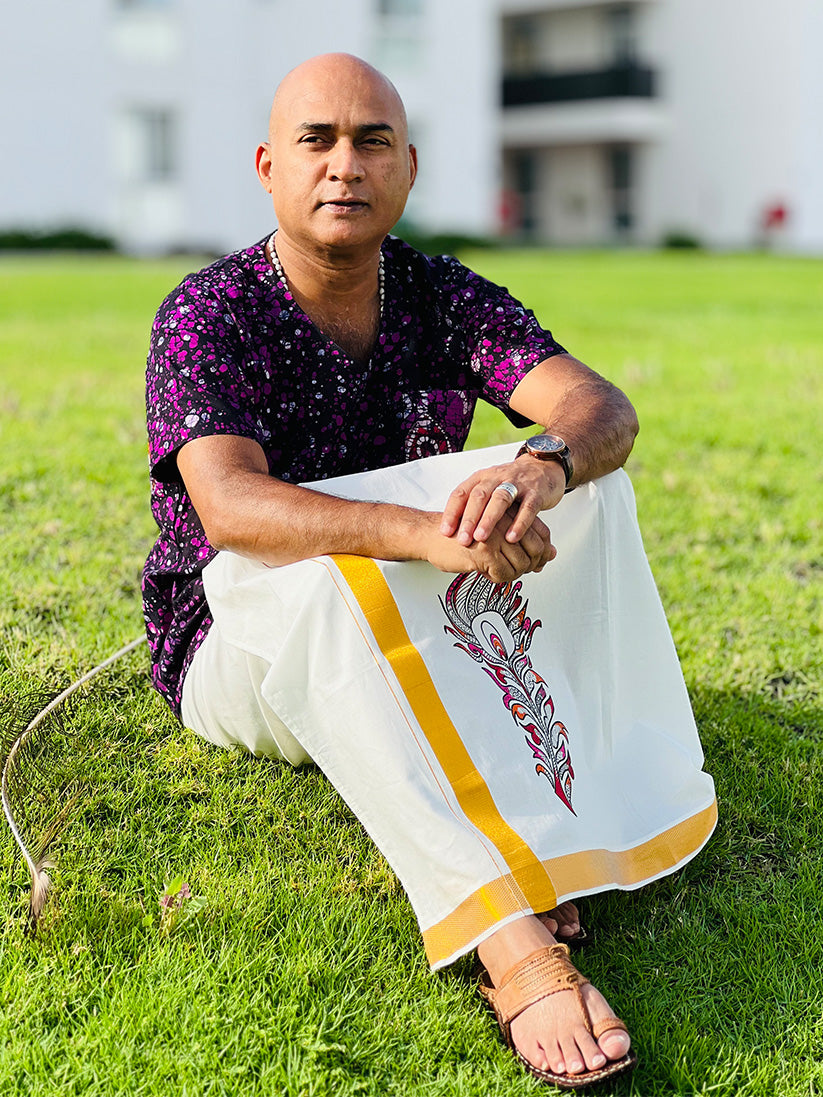 Mayilpeeli - Handpainted/ Handprinted Dhoti