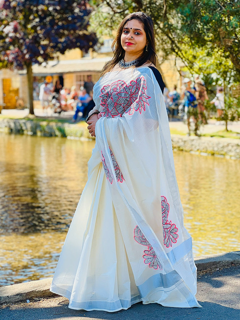 Mural Flower 1 - Handpainted Saree