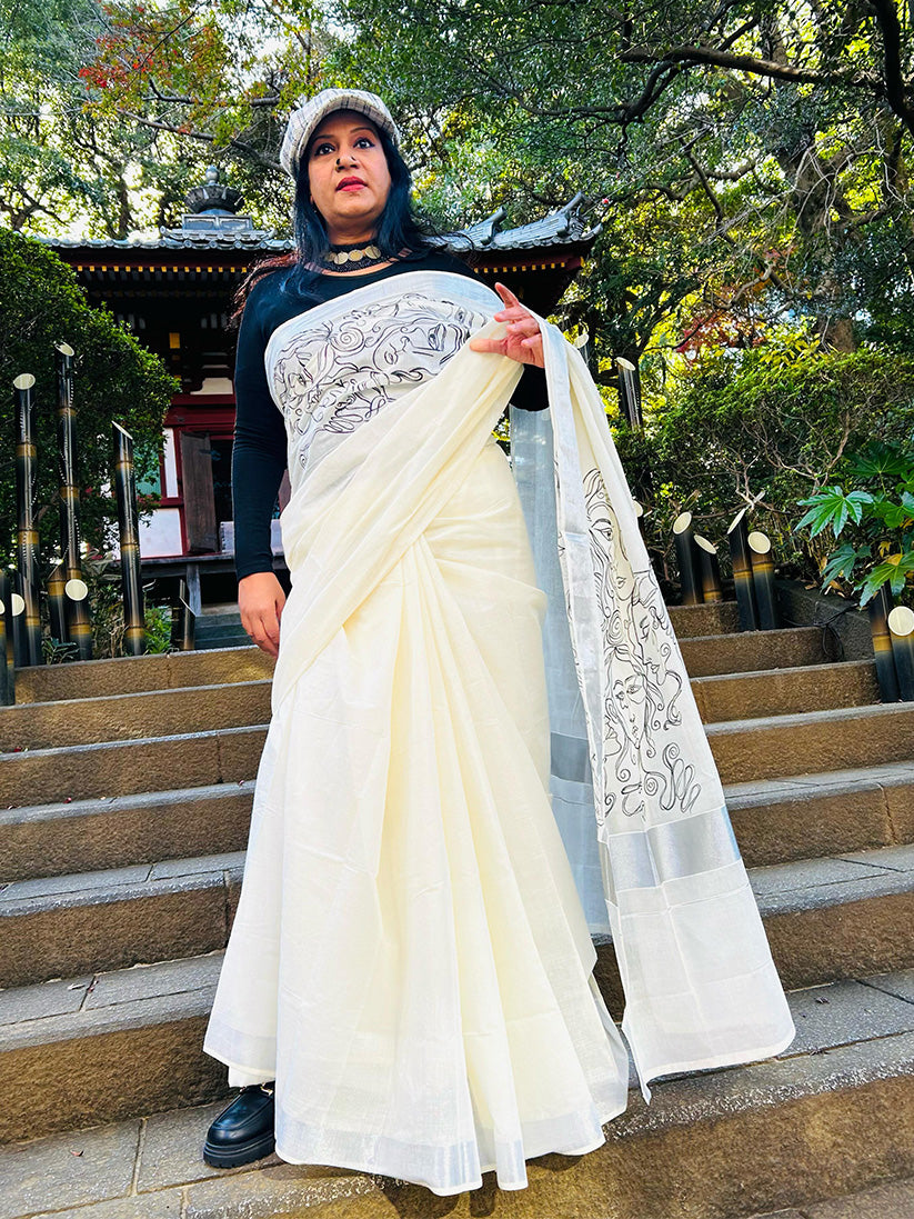 Faces Line Drawing - Handpainted Saree