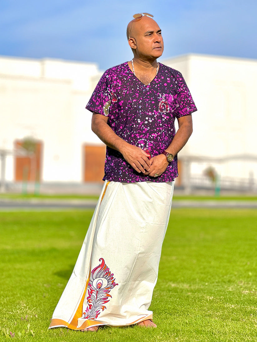 Mayilpeeli - Handpainted/ Handprinted Dhoti