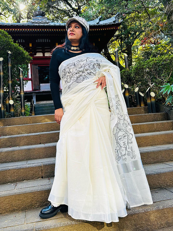 Faces Line Drawing - Handpainted Saree