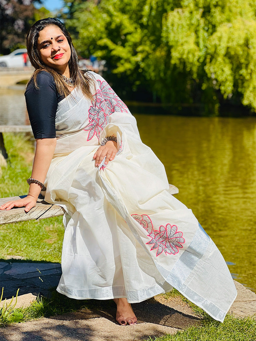 Mural Flower 1 - Handpainted Saree