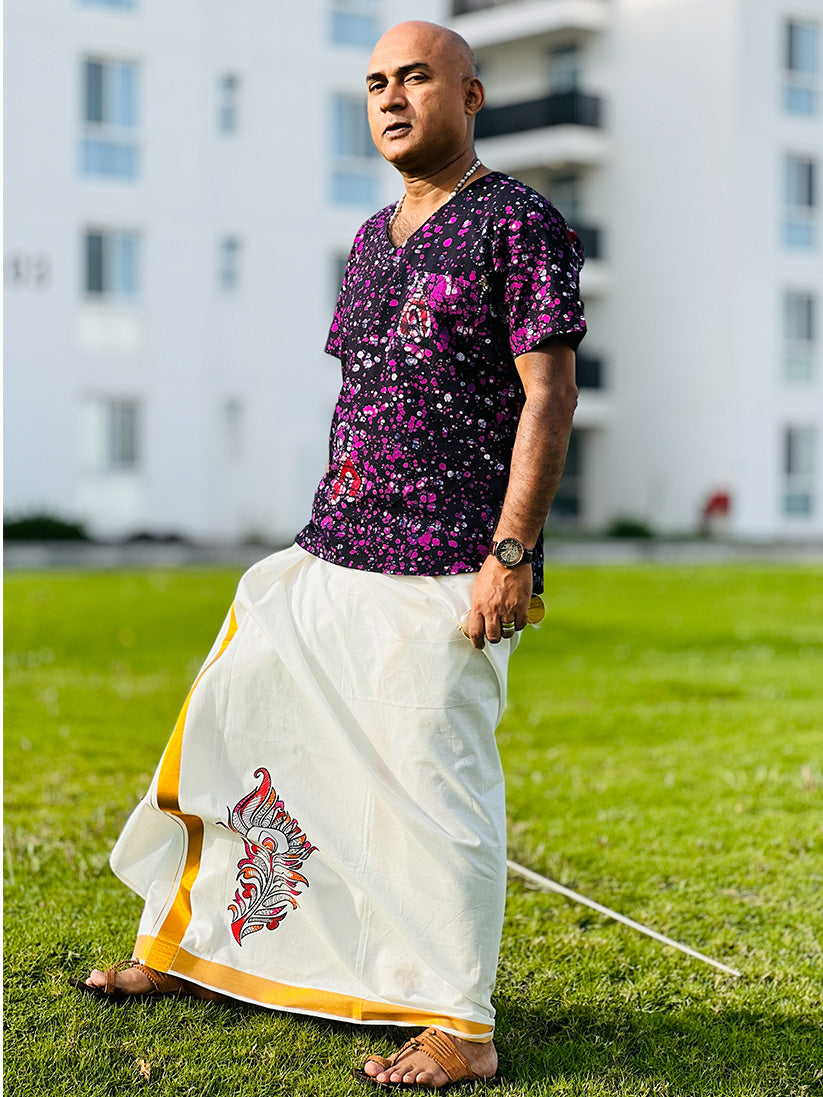 Mayilpeeli - Handpainted/ Handprinted Dhoti