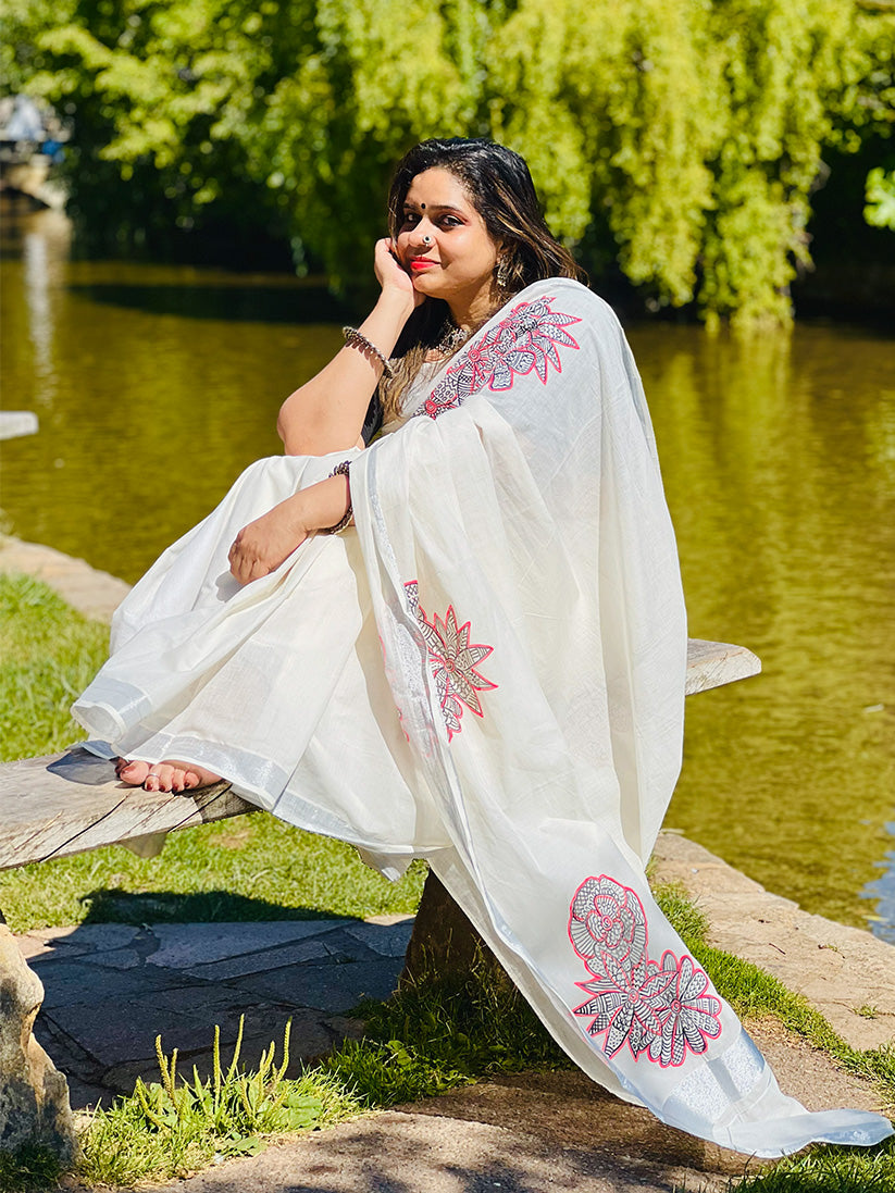Mural Flower 1 - Handpainted Saree