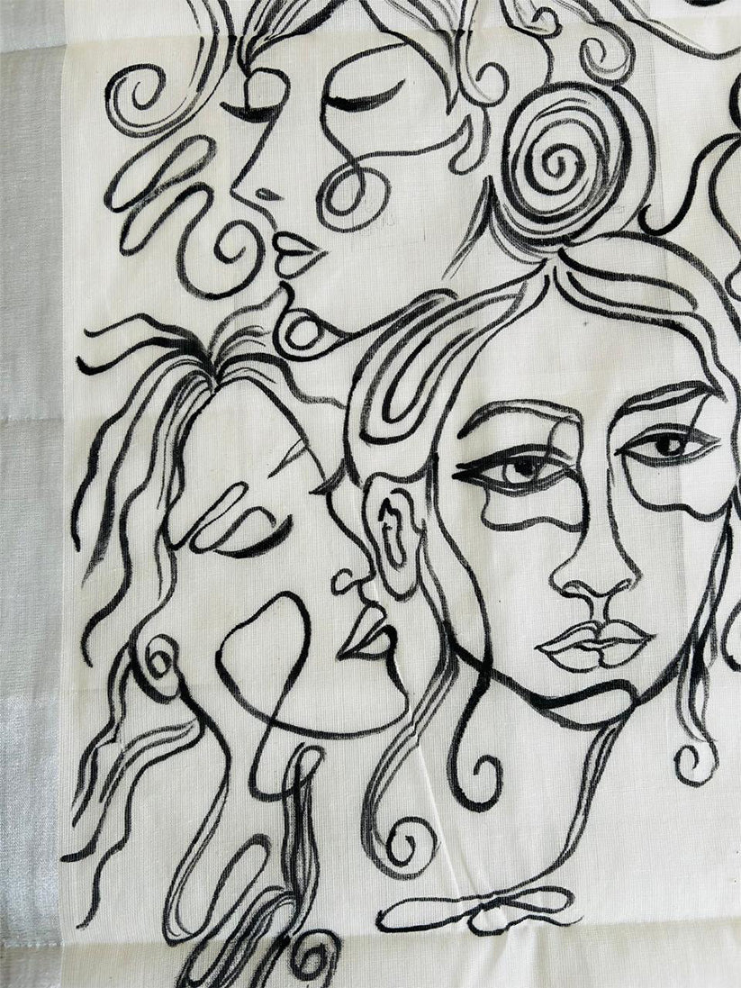 Faces Line Drawing - Handpainted Saree